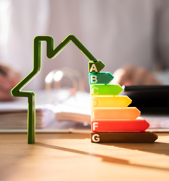 Groen huisje naast een energielabel van A tot en met G als symbool voor een energielabel in Voorschoten