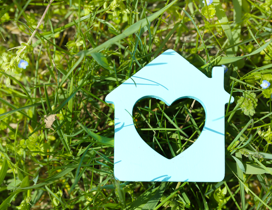 Blauw houten huisje met hartje in het gras als symbool voor een duurzame woning met energielabel in Voorschoten