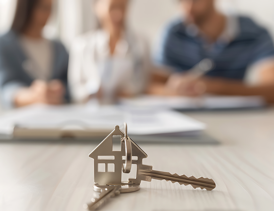 Sleutel met huisjeshanger op tafel tijdens een gesprek over woningbeheer in Voorschoten