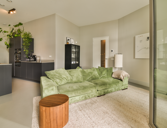 Moderne woonkamer met groene bank en open keuken in een beheerde woning in Voorschoten